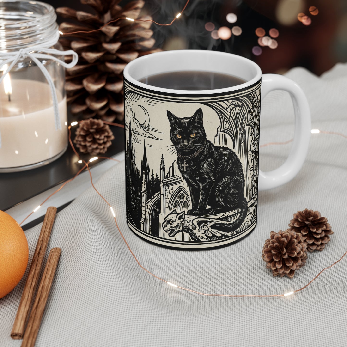 DarkArts - Cat - 11oz Mug Ambi Handle - Black Cat Cathedral Mug — Gothic 11oz Coffee Cup with Moonlit Spires