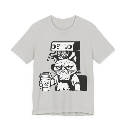 VOID - Annoyed Cat Coffee Tee — Funny Sarcastic Cat Barista Shirt with Coffee & Espresso Machine