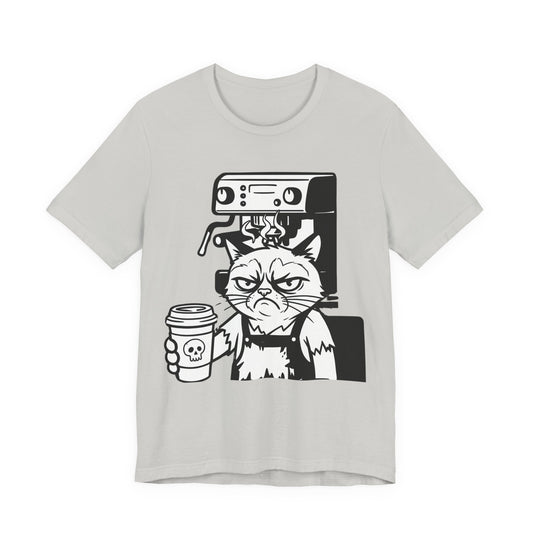 VOID - Annoyed Cat Coffee Tee — Funny Sarcastic Cat Barista Shirt with Coffee & Espresso Machine