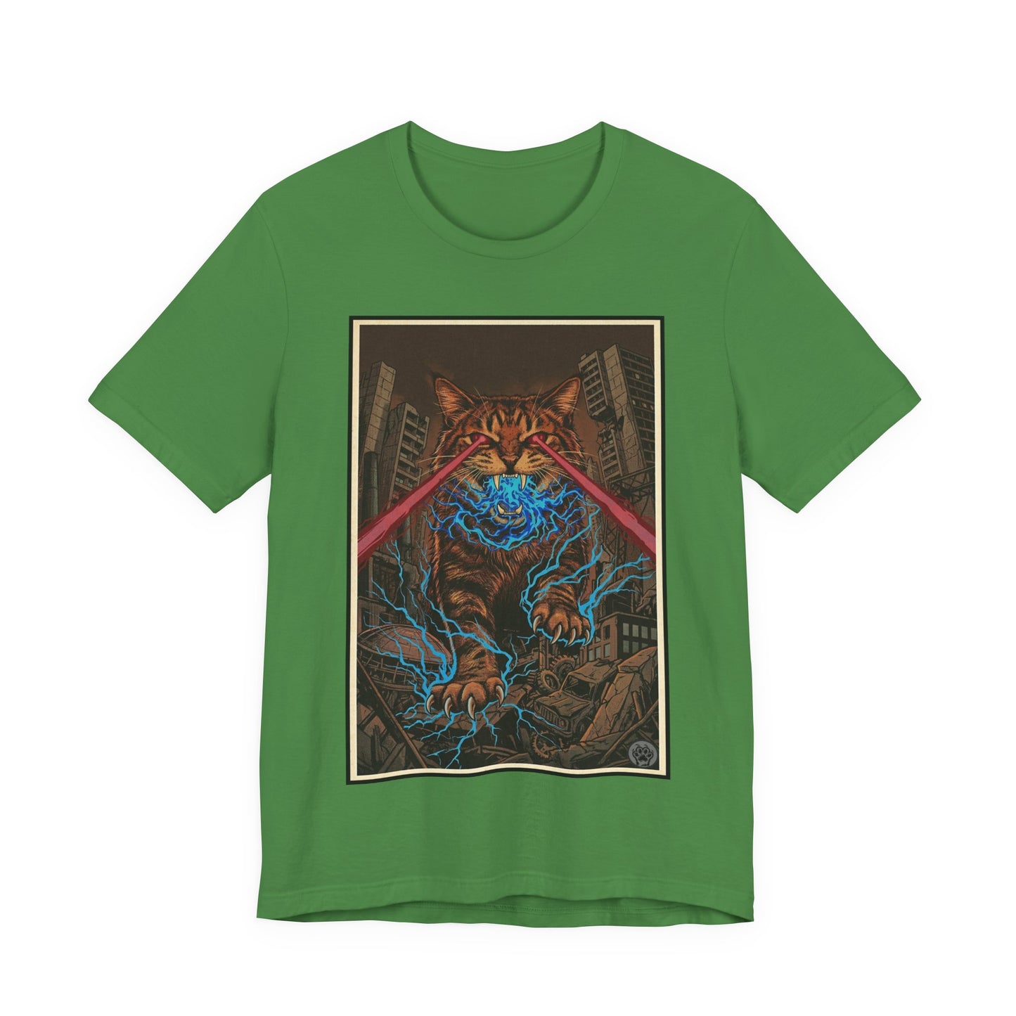 CityCat Attacks! Dark with Red Lasers - Tiger Kitty Kaiju Tee — Laser-Eyed Monster Cityscape T-Shirt