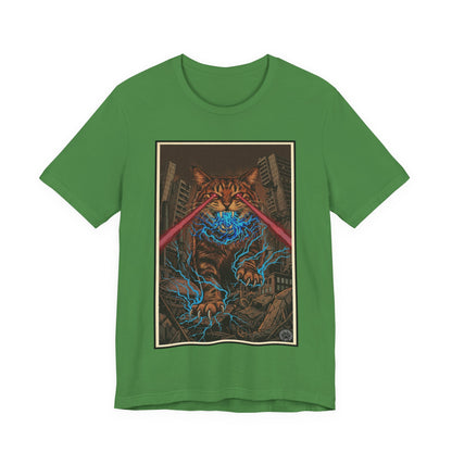 CityCat Attacks! Dark with Red Lasers - Tiger Kitty Kaiju Tee — Laser-Eyed Monster Cityscape T-Shirt