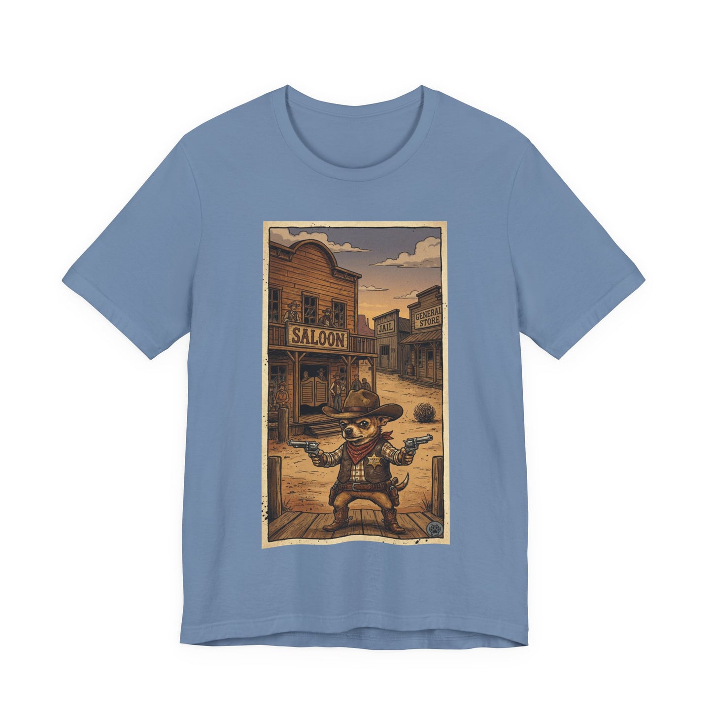 SheriffPaco - Vertical - Chihuahua Sheriff Western Saloon Showdown T-Shirt — Vintage Cowboy Sheriff Puppy Dog Graphic Tee
