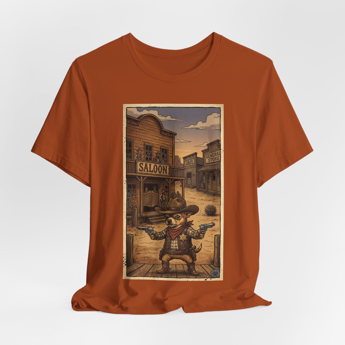 SheriffPaco - Vertical - Chihuahua Sheriff Western Saloon Showdown T-Shirt — Vintage Cowboy Sheriff Puppy Dog Graphic Tee