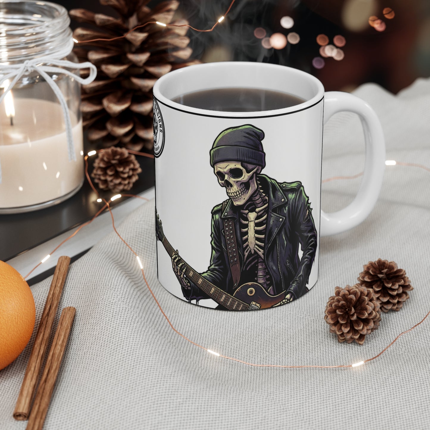 Bonesy - 11oz Mug Ambi Handle - Skeleton Guitarist Mug — Rock Music Skull Coffee Cup (11 oz)