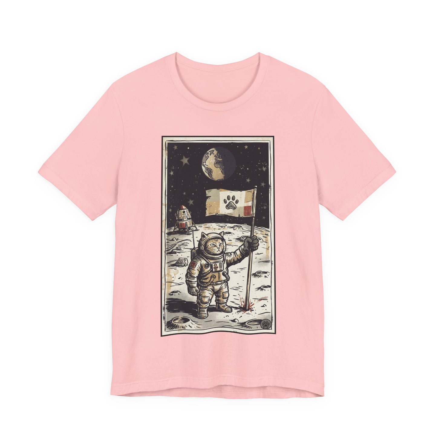 SpaceCat - Conquers The Moon! - Astronaut Cat Moon T-Shirt — Vintage Styled Space Kitty Flag Tee