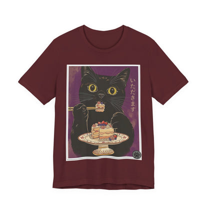 Ramen Cat - Finally Gets Some Cake!  Cute Funny T‑Shirt — Japanese Kawaii Black Cat Enjoying Dessert