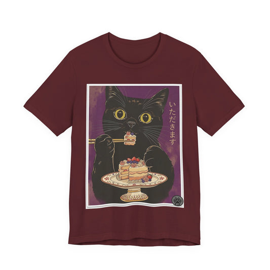 Ramen Cat - Finally Gets Some Cake!  Cute Funny T‑Shirt — Japanese Kawaii Black Cat Enjoying Dessert