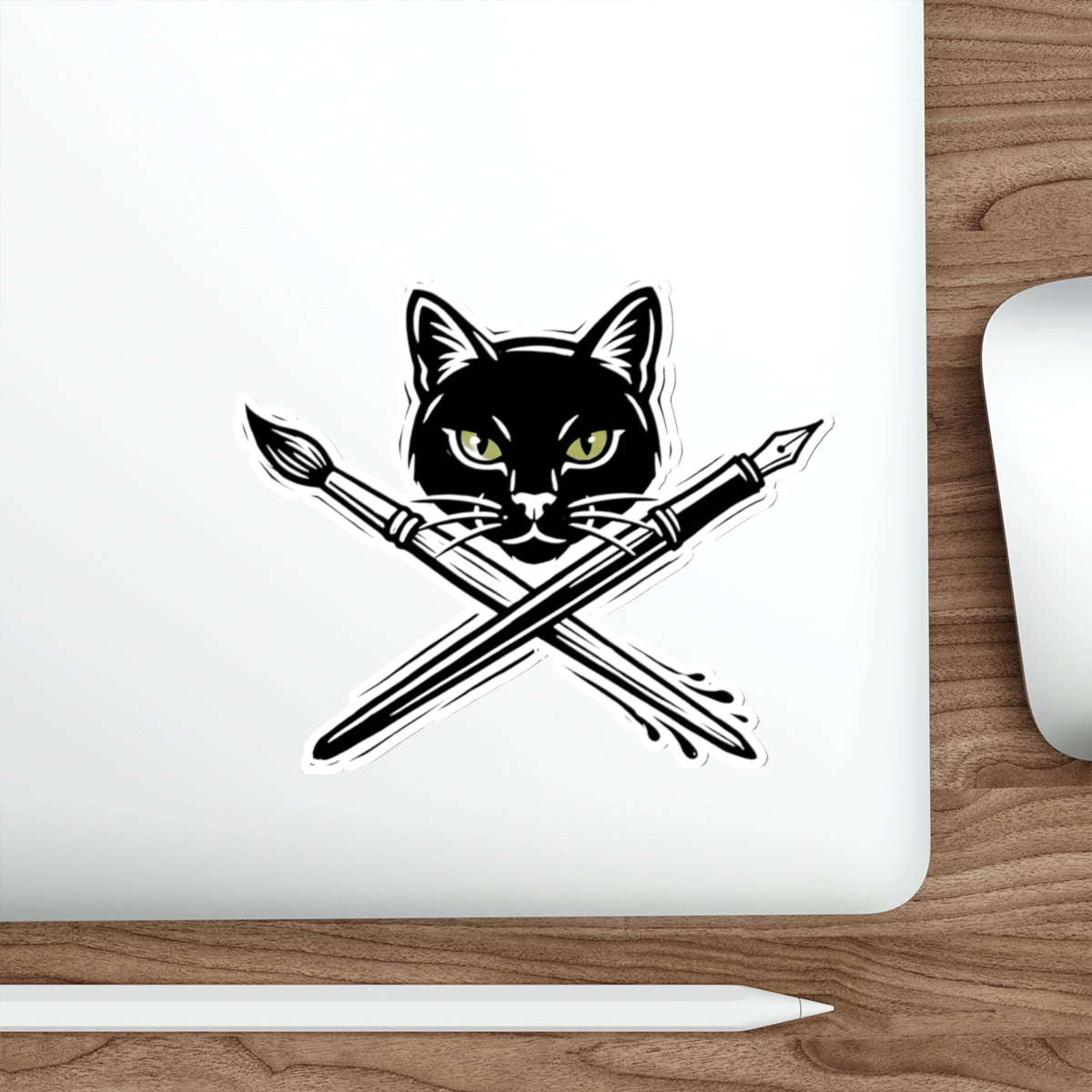 CreativeCat - Black Cat & Art Tools Die-Cut Sticker — Artistic Cat Head with Crossed Paintbrush & Pen
