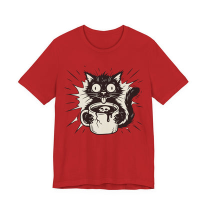 VOID - Cat & Coffee Tee — Cute Crazy Cat Holding Mug Graphic T-Shirt