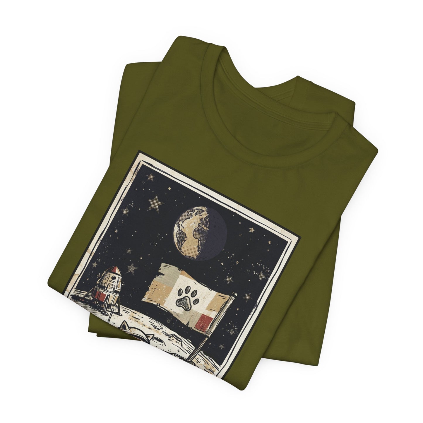 SpaceCat - Conquers The Moon! - Astronaut Cat Moon T-Shirt — Vintage Styled Space Kitty Flag Tee