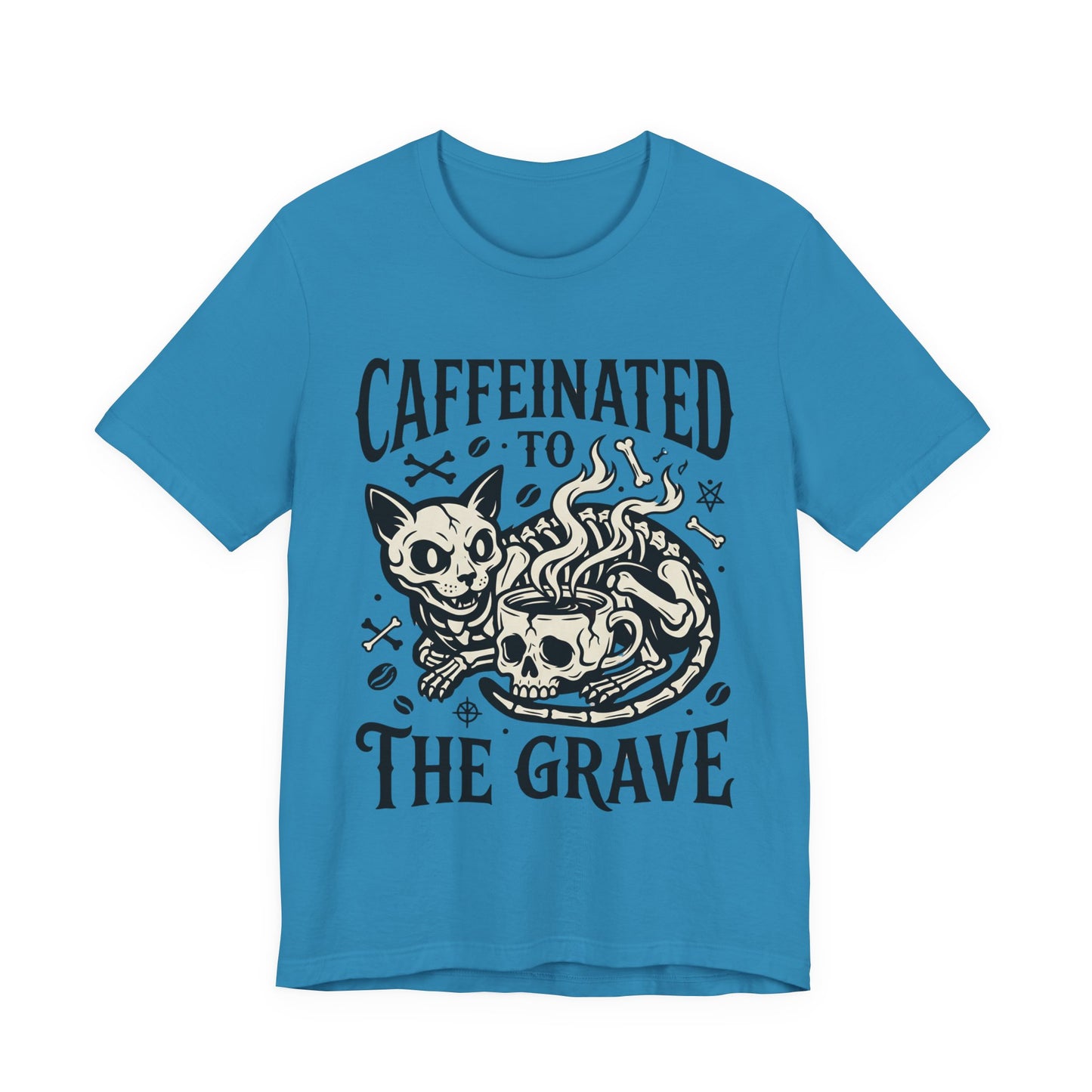 VOID - Caffeinated to the Grave Tee — Gothic Skull & Cat Coffee Shirt