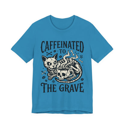 VOID - Caffeinated to the Grave Tee — Gothic Skull & Cat Coffee Shirt