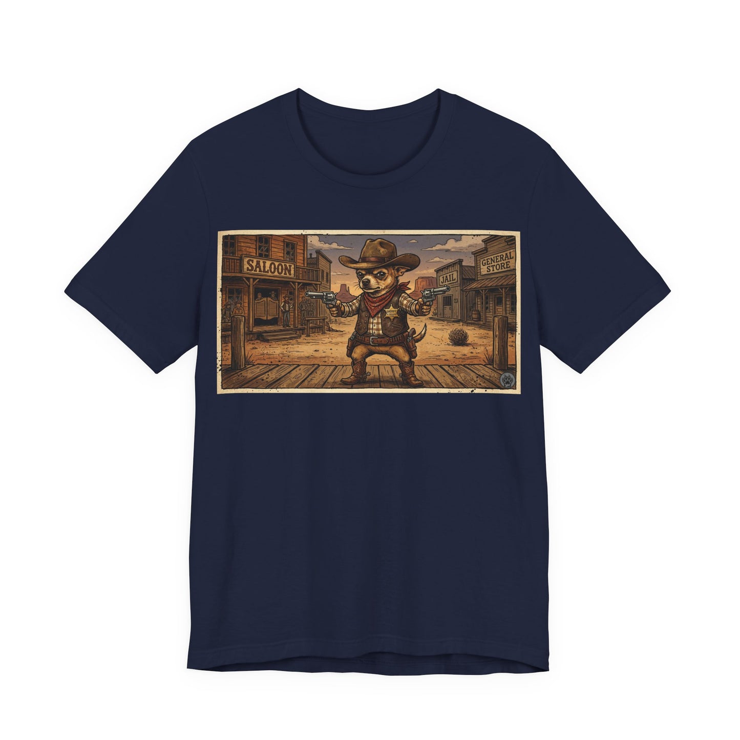 SheriffPaco - Horizontal - Western Cowboy Sheriff Chihuahua T-Shirt — Vintage Saloon Puppy Dog Graphic Tee