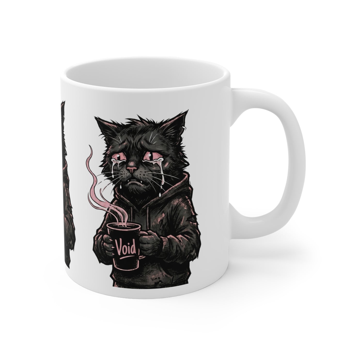 VOID - 11oz Ceramic Mug — Goth Black Cat Holding "Void" Coffee (Aesthetic, Moody Gift)