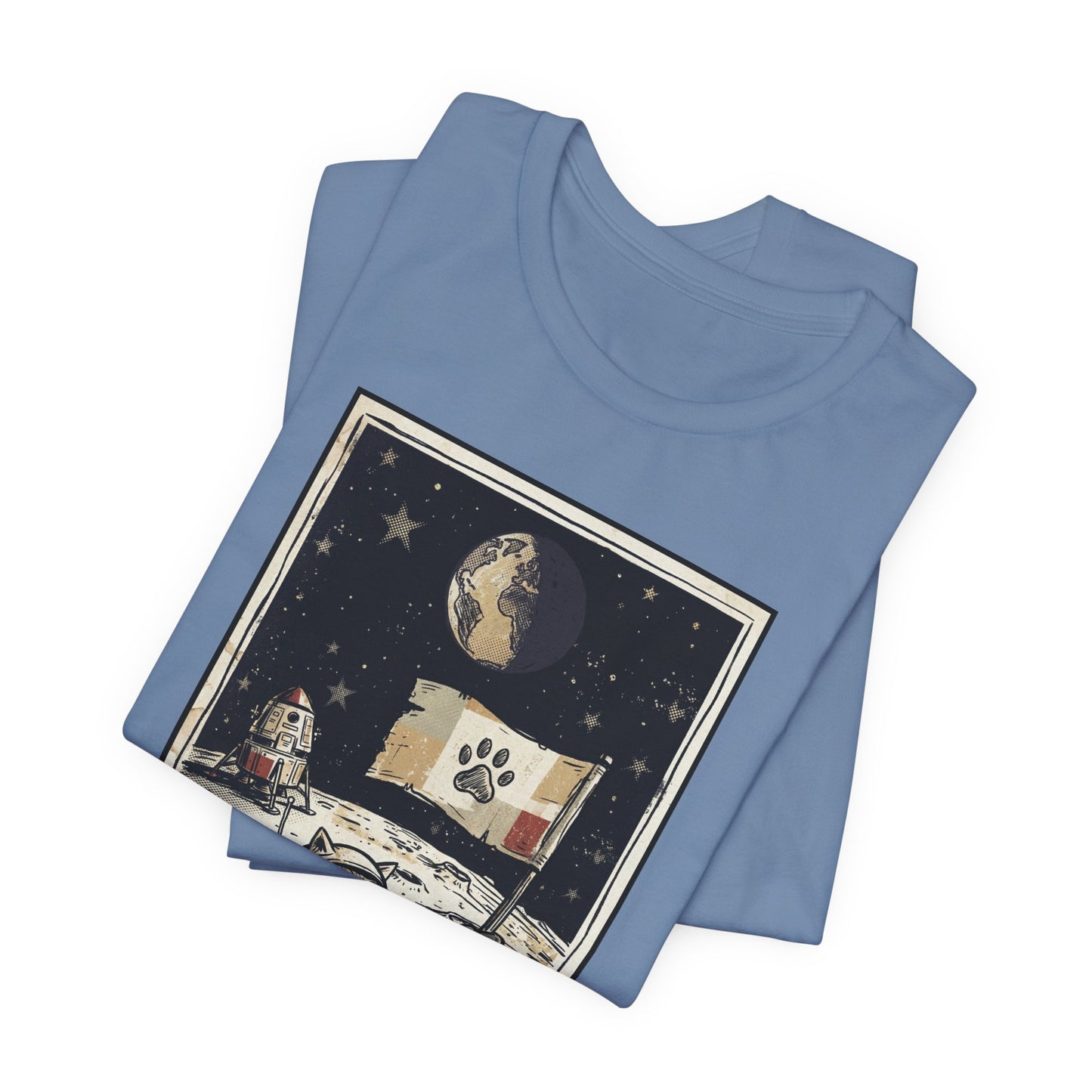 SpaceCat - Conquers The Moon! - Astronaut Cat Moon T-Shirt — Vintage Styled Space Kitty Flag Tee