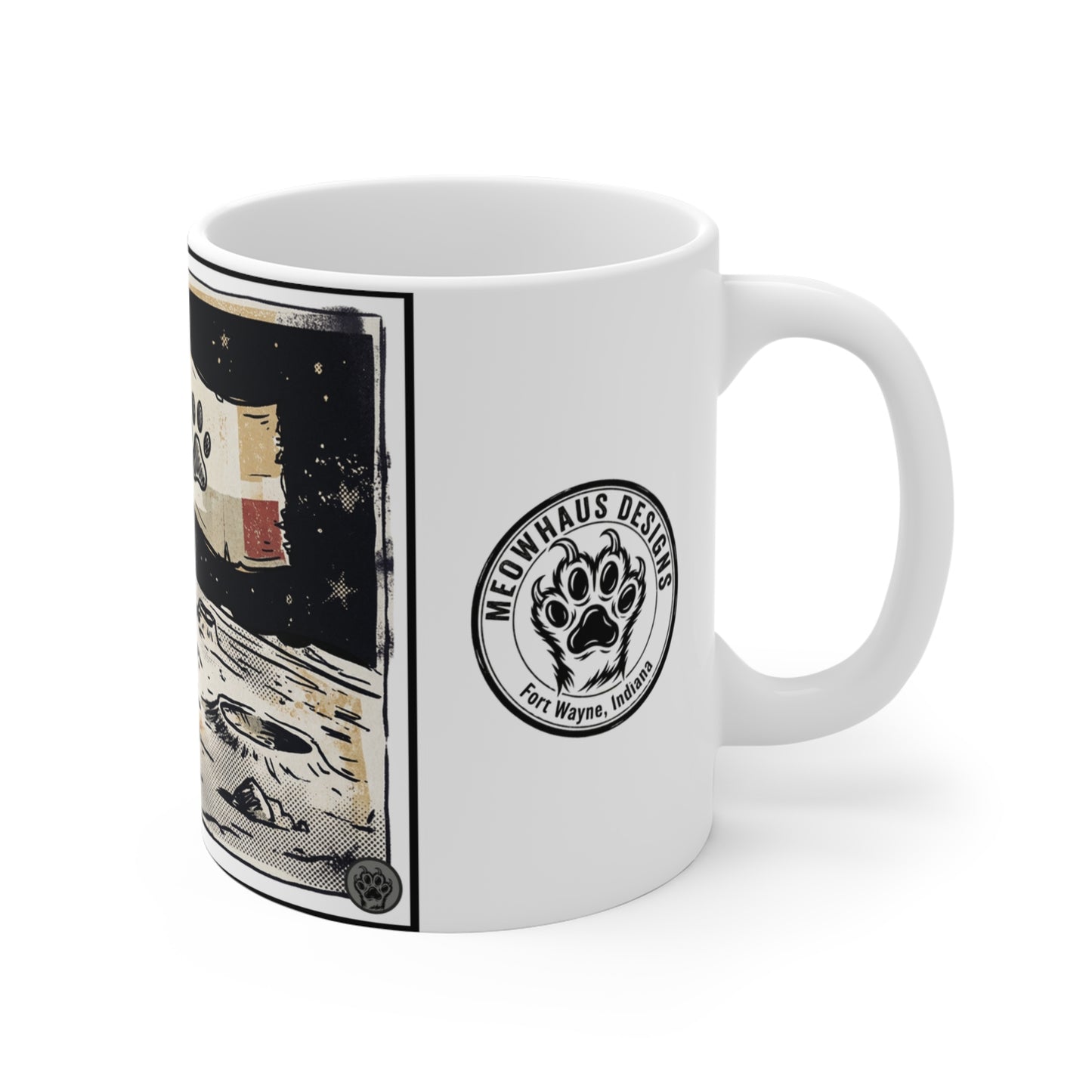 SpaceCat - Conquers The Moon (Horizontal) - 11oz Mug Left Handle - Cat Space Astronaut Coffee Mug 11oz — "One Small Step" Pet Paw Moon Mug