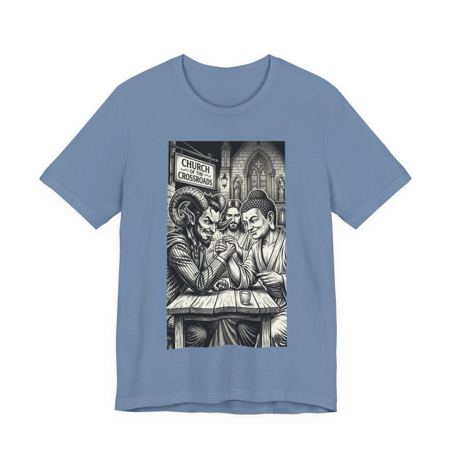 Crossroads T-Shirt — Religious Humor Satirical Arm Wrestling Graphic Tee