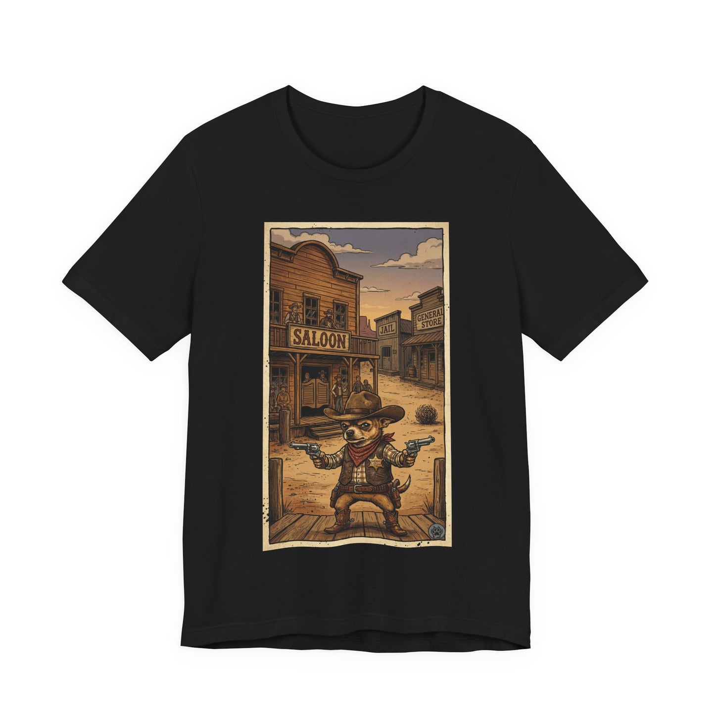 SheriffPaco - Vertical - Chihuahua Sheriff Western Saloon Showdown T-Shirt — Vintage Cowboy Sheriff Puppy Dog Graphic Tee