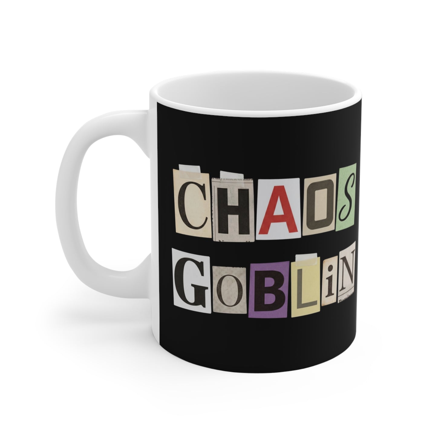 Chaos Goblin Mug — Funny Ransom-Note Style Coffee Cup