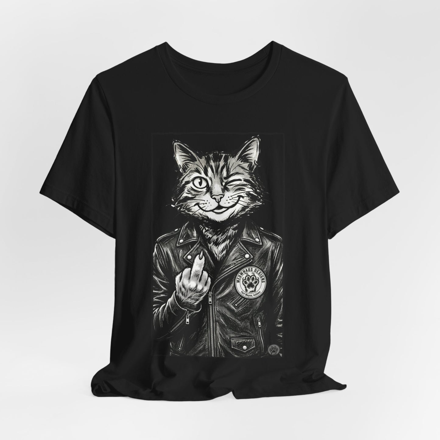 WinkyCat - Leather Jacket & Snarky Gesture - Cat Biker Tee — Grinning Cat in Leather Jacket Graphic T-Shirt