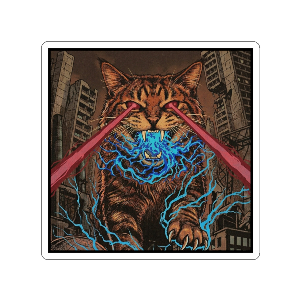 CityCat Attacks! - Dark - Red Lasers - Laser-Eyed Cat Die-Cut Sticker — Retro Kaiju City Illustration