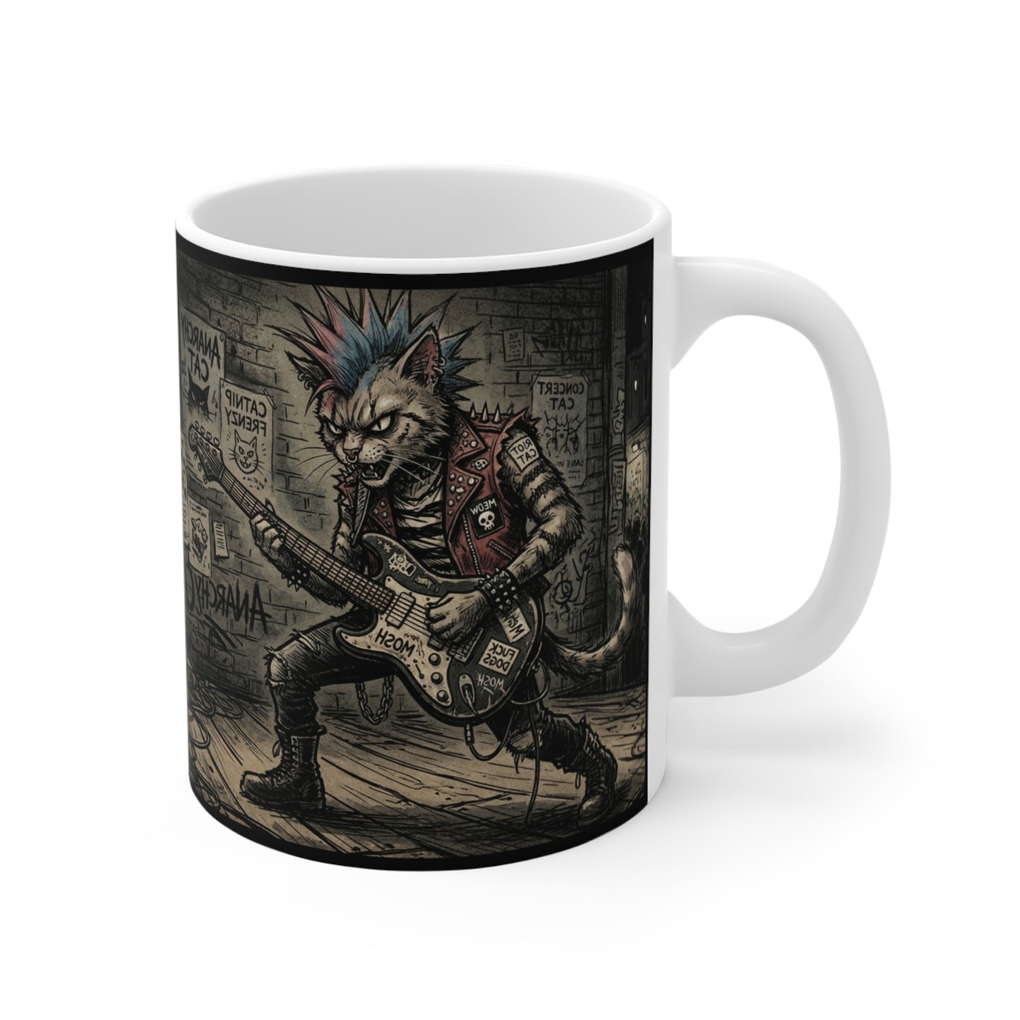 PunkCat - At The Club - 11oz Mug Ambi Handle - Punk Rock Cat Mug — 11oz Guitarist Cat Illustration Coffee Cup