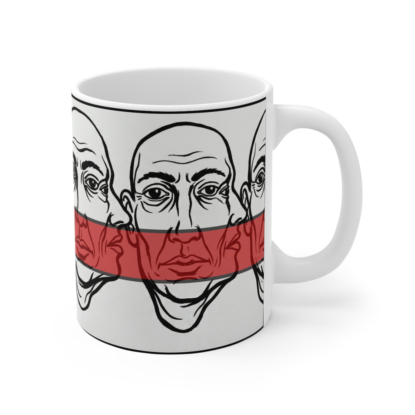 HotGossip - New Design 1 - 11oz Ceramic Mug Ambi Handle — Double Face Line Art with Red Stripe | Surreal Minimalist Coffee Cup