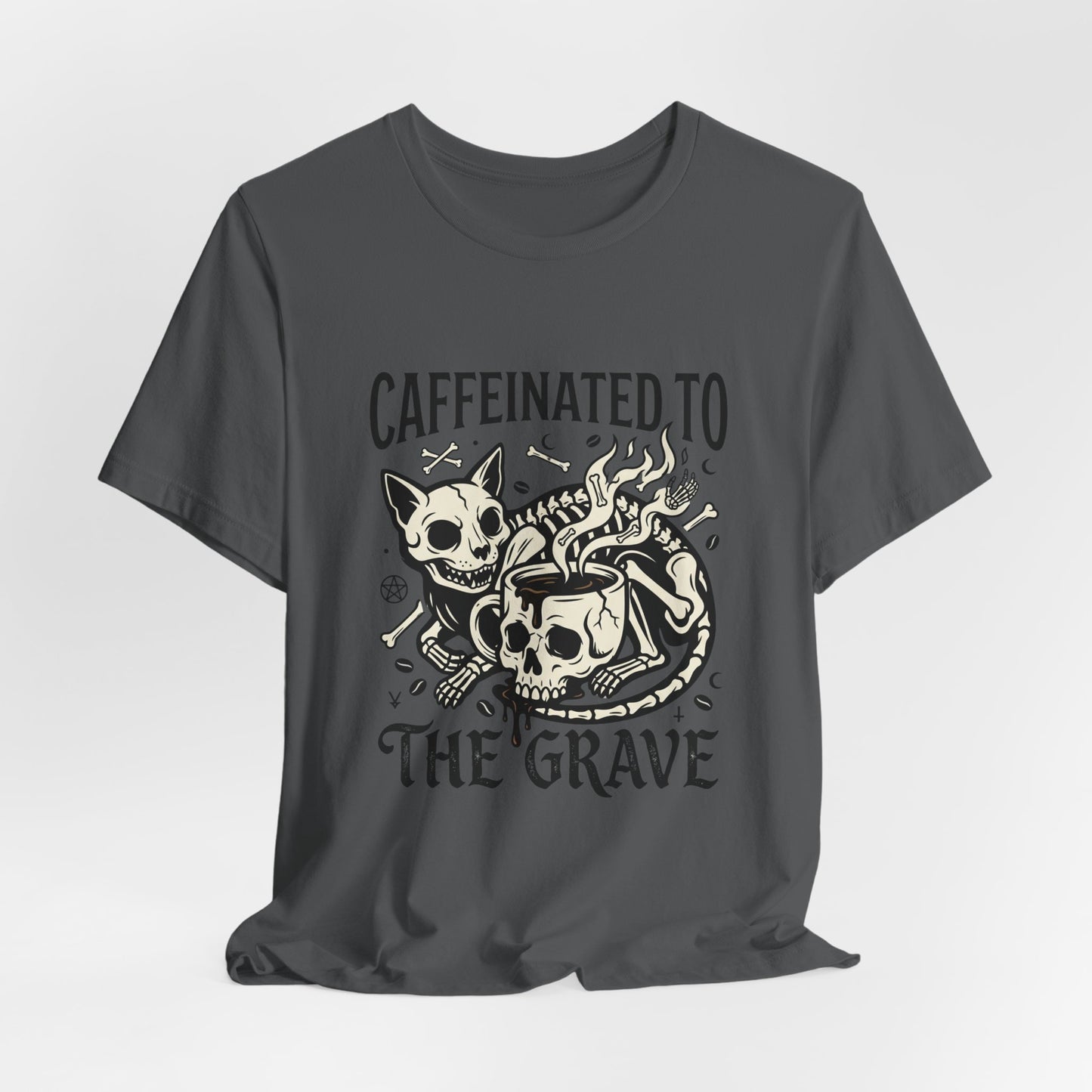 VOID - Caffeinated to the Grave Tee — Gothic Skull & Cat Coffee Shirt