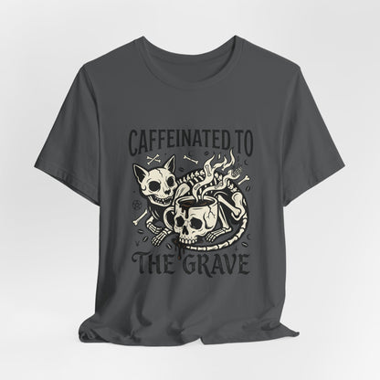 VOID - Caffeinated to the Grave Tee — Gothic Skull & Cat Coffee Shirt