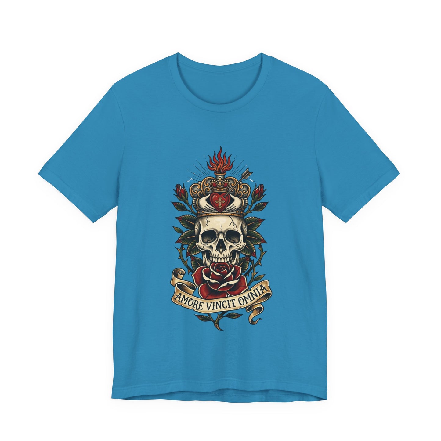 Skull Claddagh Crown Classic Tattoo Tee – "Amore Vincit Omnia" Vintage Gothic Graphic T‑Shirt