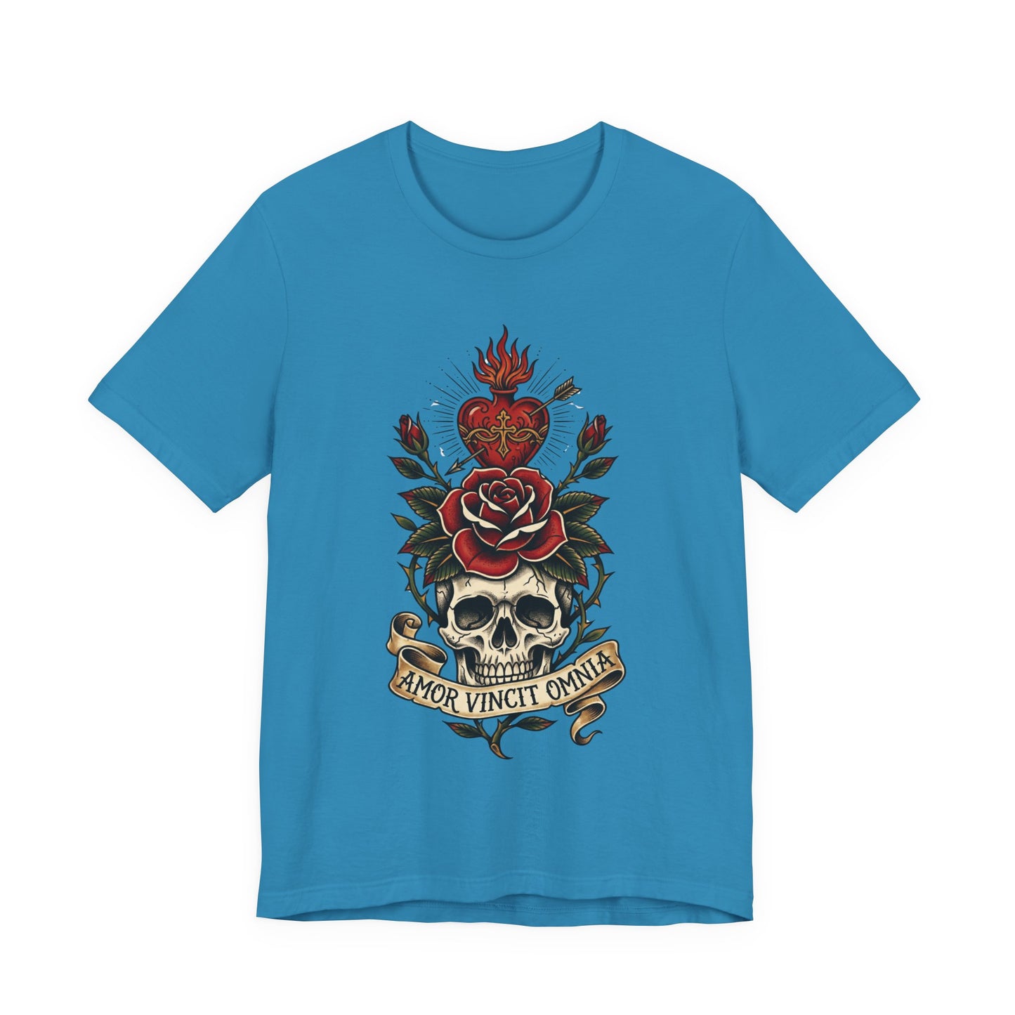 AVO - Tattoo T-Shirt — 'Amor Vincit Omnia' Skull & Rose Sacred Heart Tee