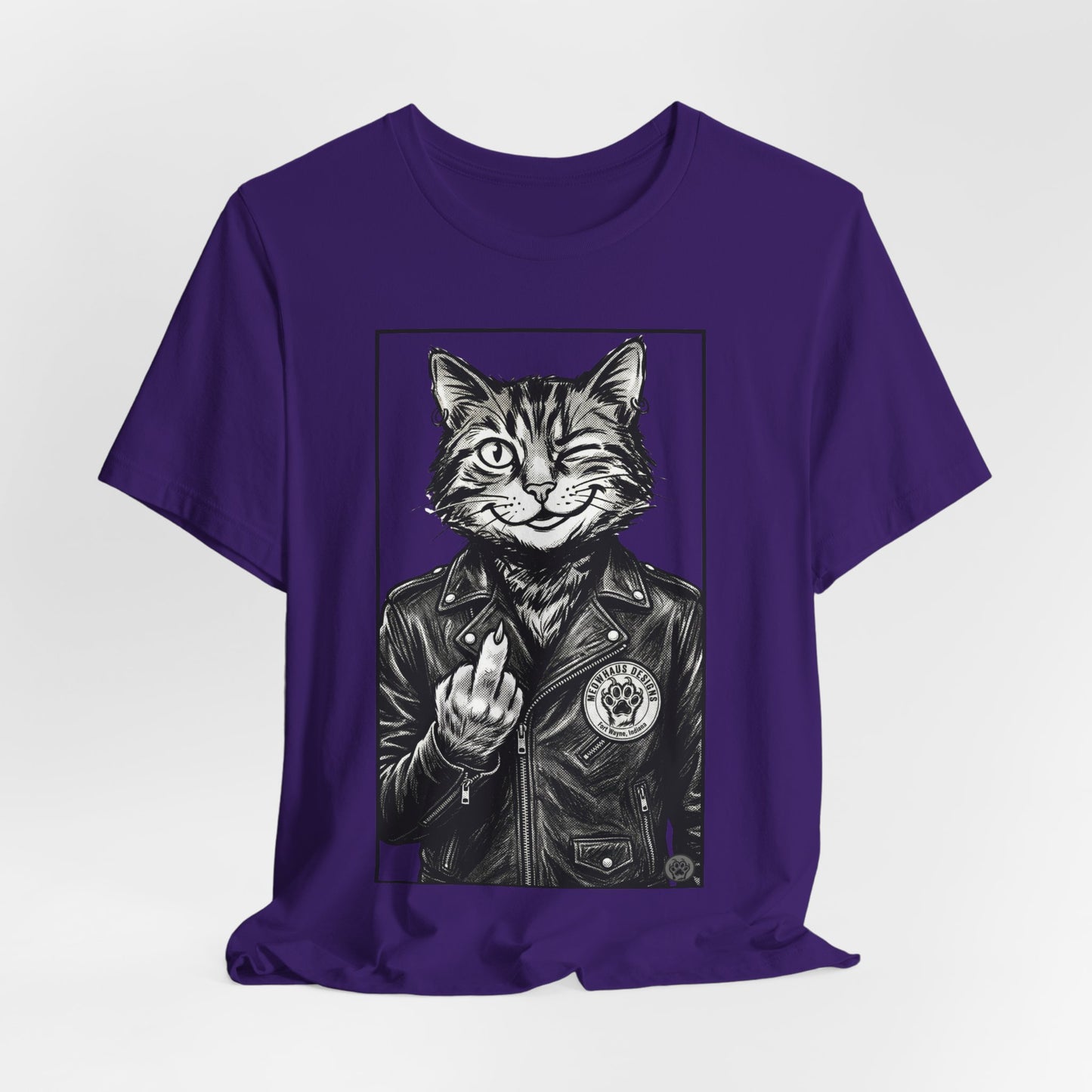 WinkyCat - Leather Jacket & Snarky Gesture - Cat Biker Tee — Grinning Cat in Leather Jacket Graphic T-Shirt