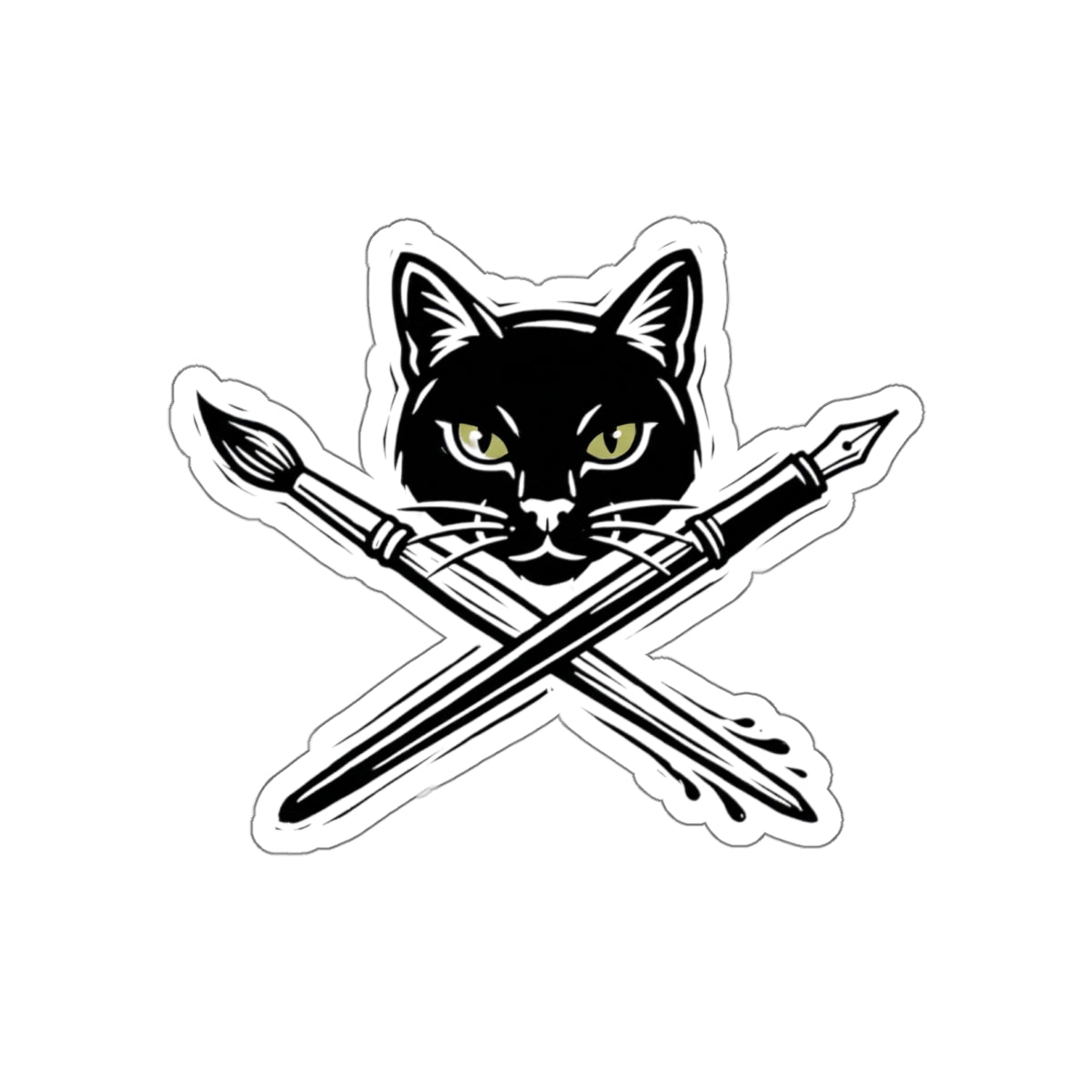 CreativeCat - Black Cat & Art Tools Die-Cut Sticker — Artistic Cat Head with Crossed Paintbrush & Pen