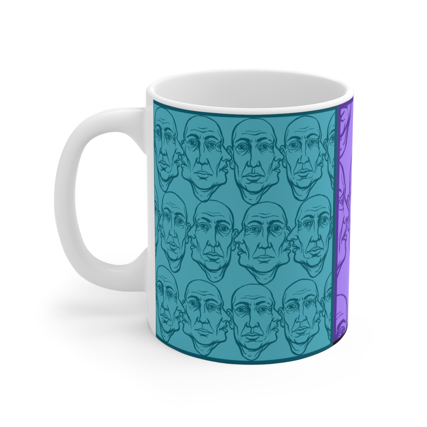 HotGossip - New Design 2 - 11oz Mug Ambi Handle - Patterned Face Modern Art Coffee Mug — Blue & Purple Portrait Design (11 oz)