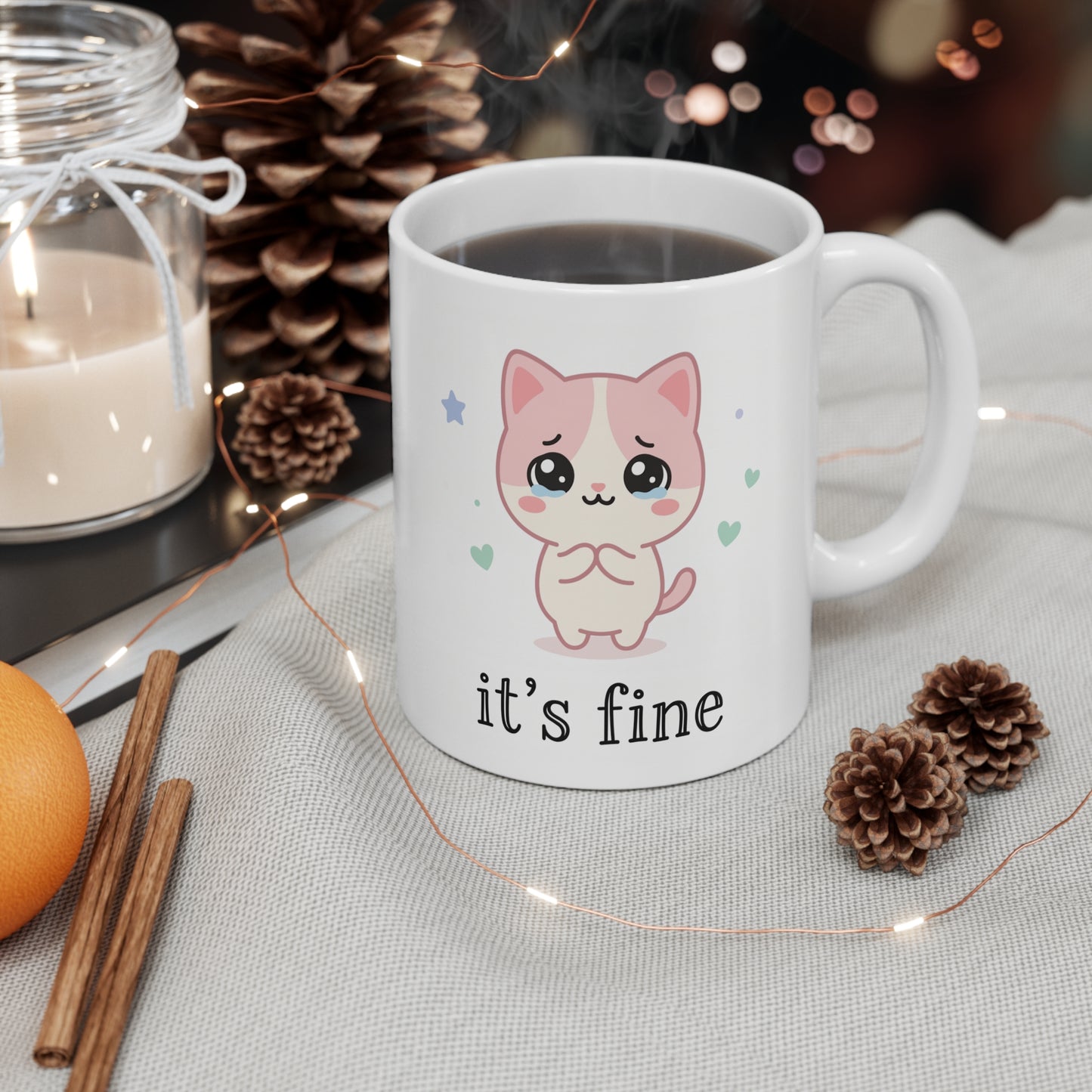 VOID - It's Fine Cute Sad Cat Mug — 11oz Kawaii Coffee Cup