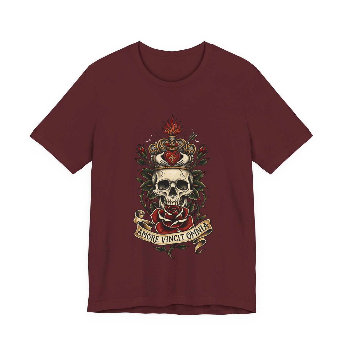 Skull Claddagh Crown Classic Tattoo Tee – "Amore Vincit Omnia" Vintage Gothic Graphic T‑Shirt