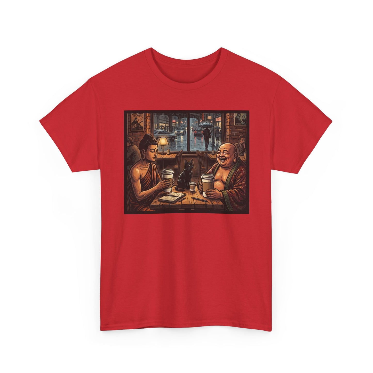 PBFMF w/BackQR - Buddha Cafe T-Shirt — Humorous Buddha Dining Scene Tee with Back QR Design