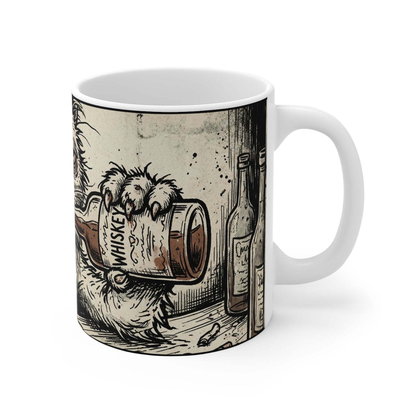 Scraps - "Bad Day" - 11oz Mug Left Handle Wraparound - Tired Depressed Grumpy Drunk Cat Mug 11oz – Vintage Distressed Illustration Coffee Cup