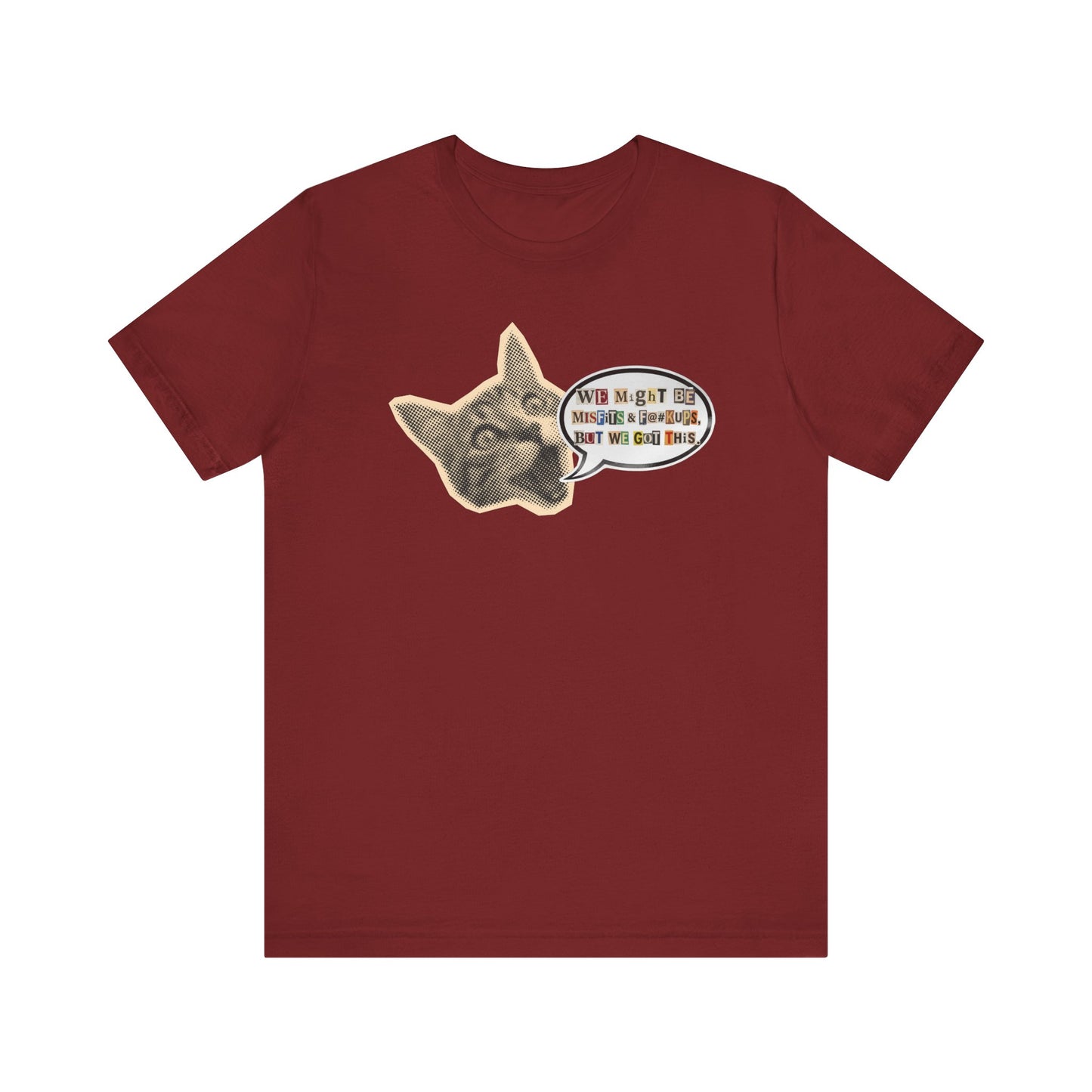 Cat Meme T‑Shirt — Vintage Cat Head Saying "We Might Be Misfits And F@#kups, But We Got This!""