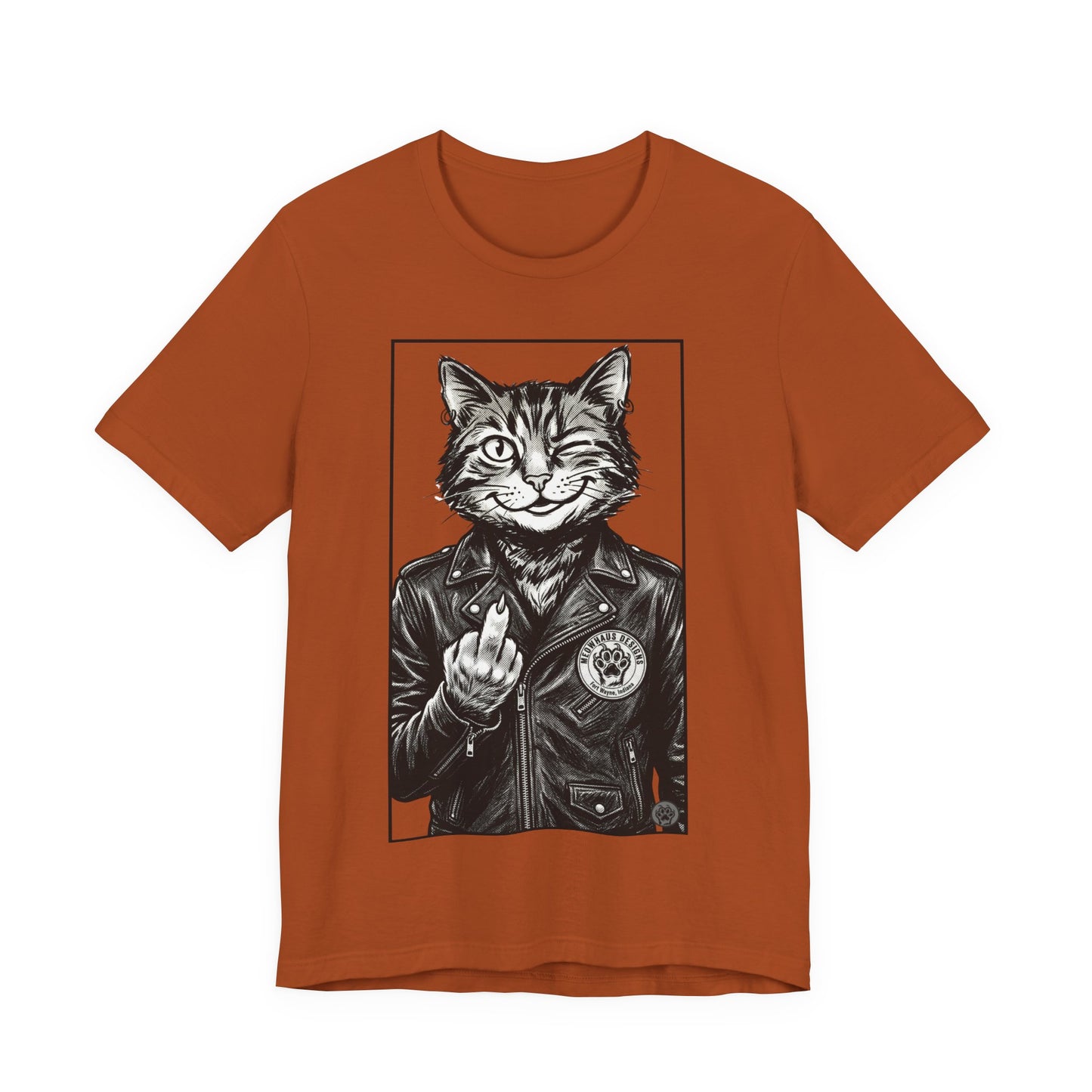 WinkyCat - Leather Jacket & Snarky Gesture - Cat Biker Tee — Grinning Cat in Leather Jacket Graphic T-Shirt