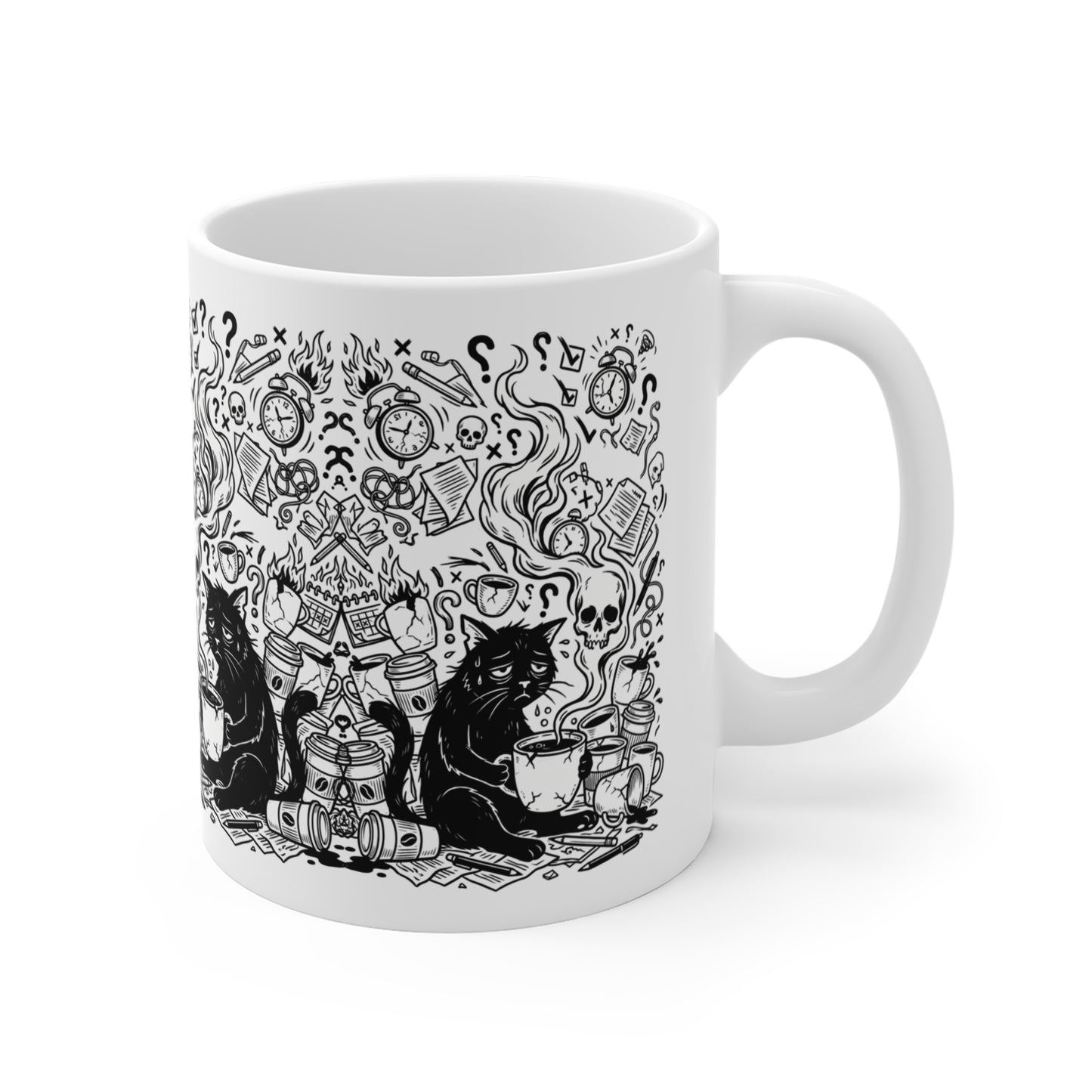 VOID - Overwhelmed Gothic Black Cat Coffee Mug — 11oz Occult Skull Doodle Design