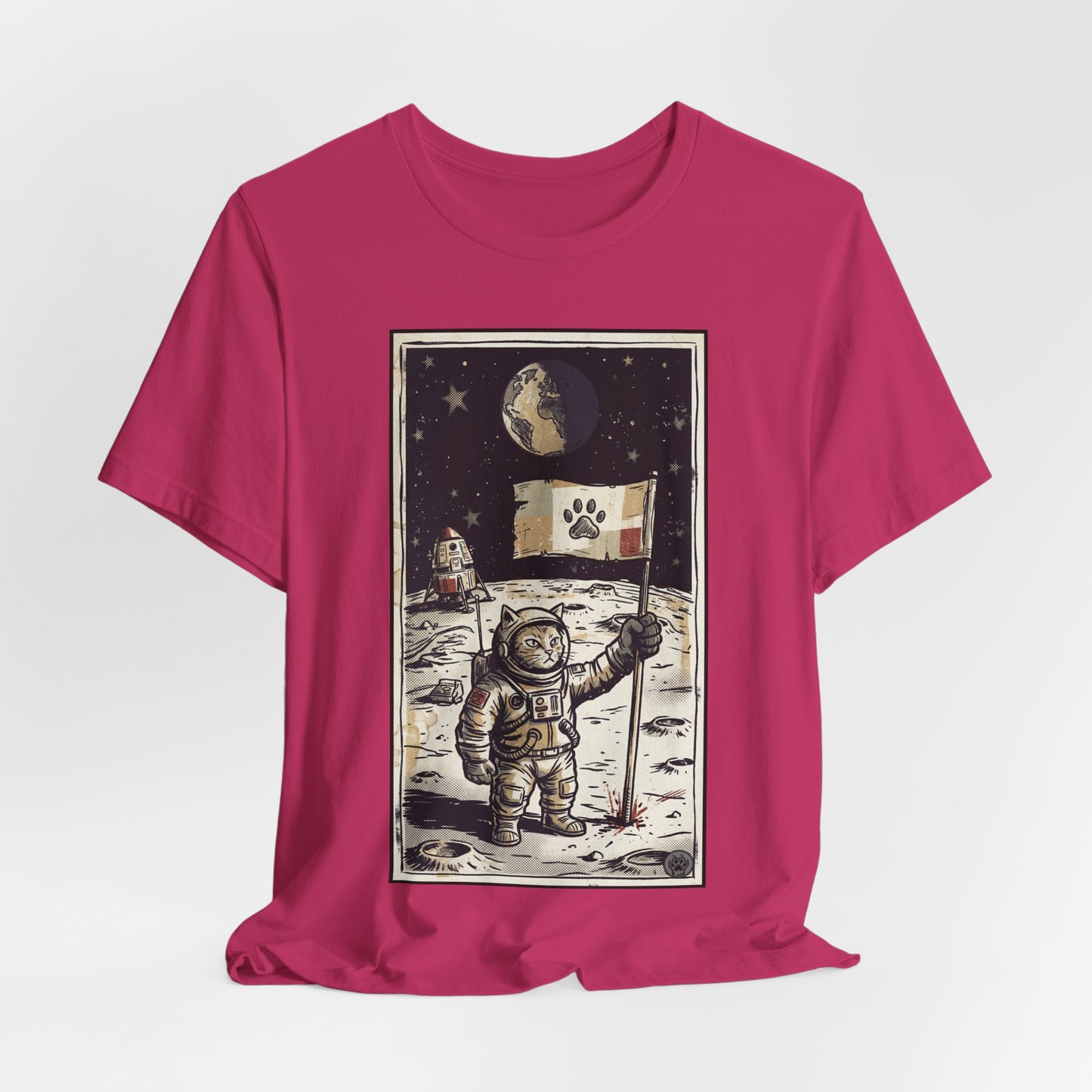 SpaceCat - Conquers The Moon! - Astronaut Cat Moon T-Shirt — Vintage Styled Space Kitty Flag Tee