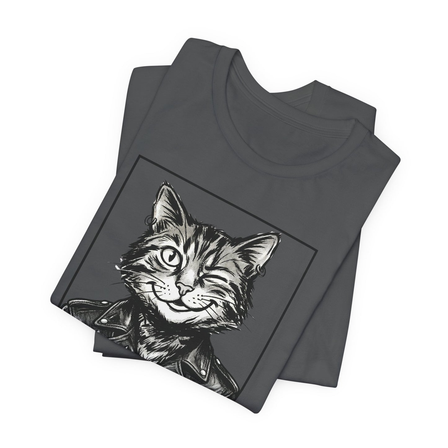 WinkyCat - Leather Jacket & Snarky Gesture - Cat Biker Tee — Grinning Cat in Leather Jacket Graphic T-Shirt