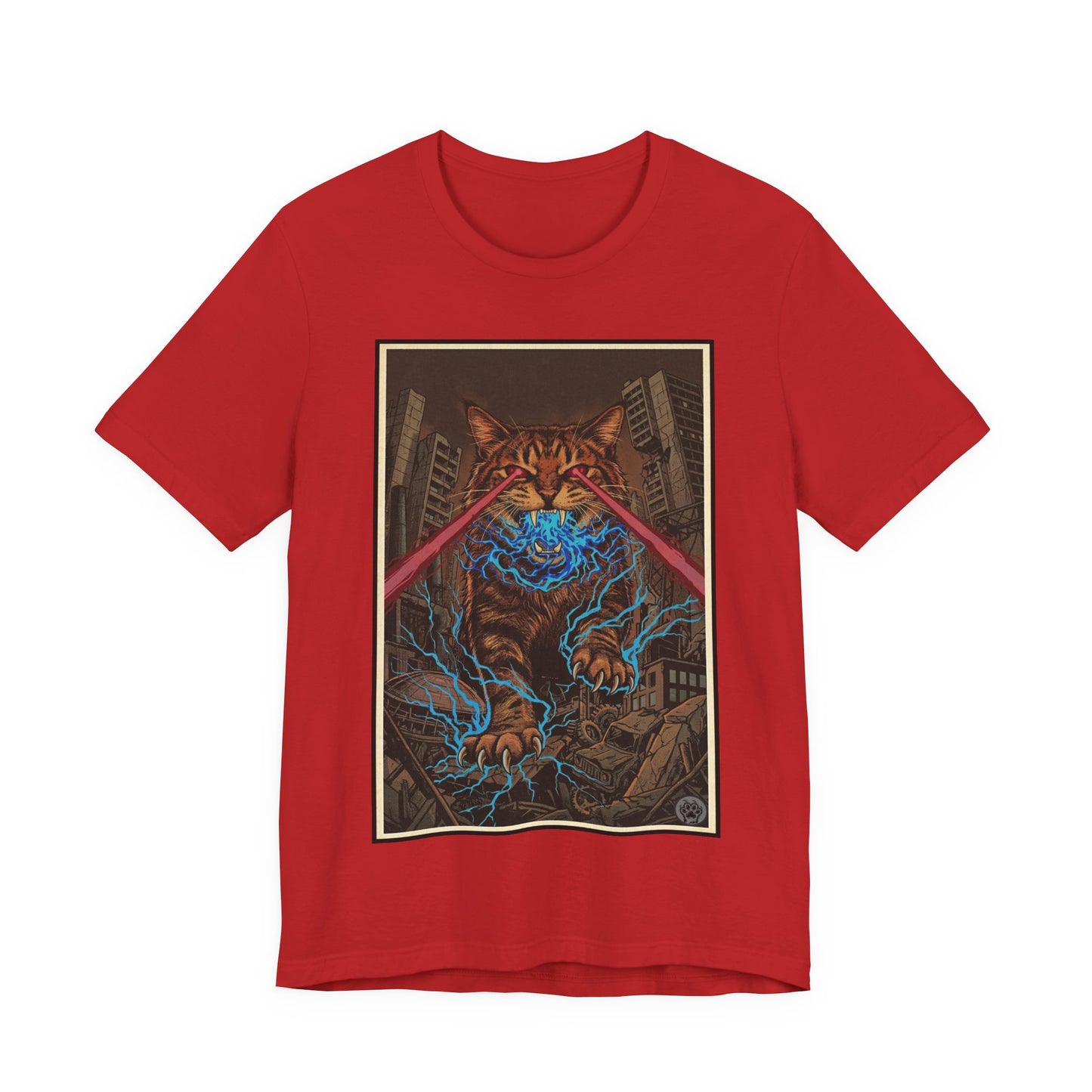 CityCat Attacks! Dark with Red Lasers - Tiger Kitty Kaiju Tee — Laser-Eyed Monster Cityscape T-Shirt
