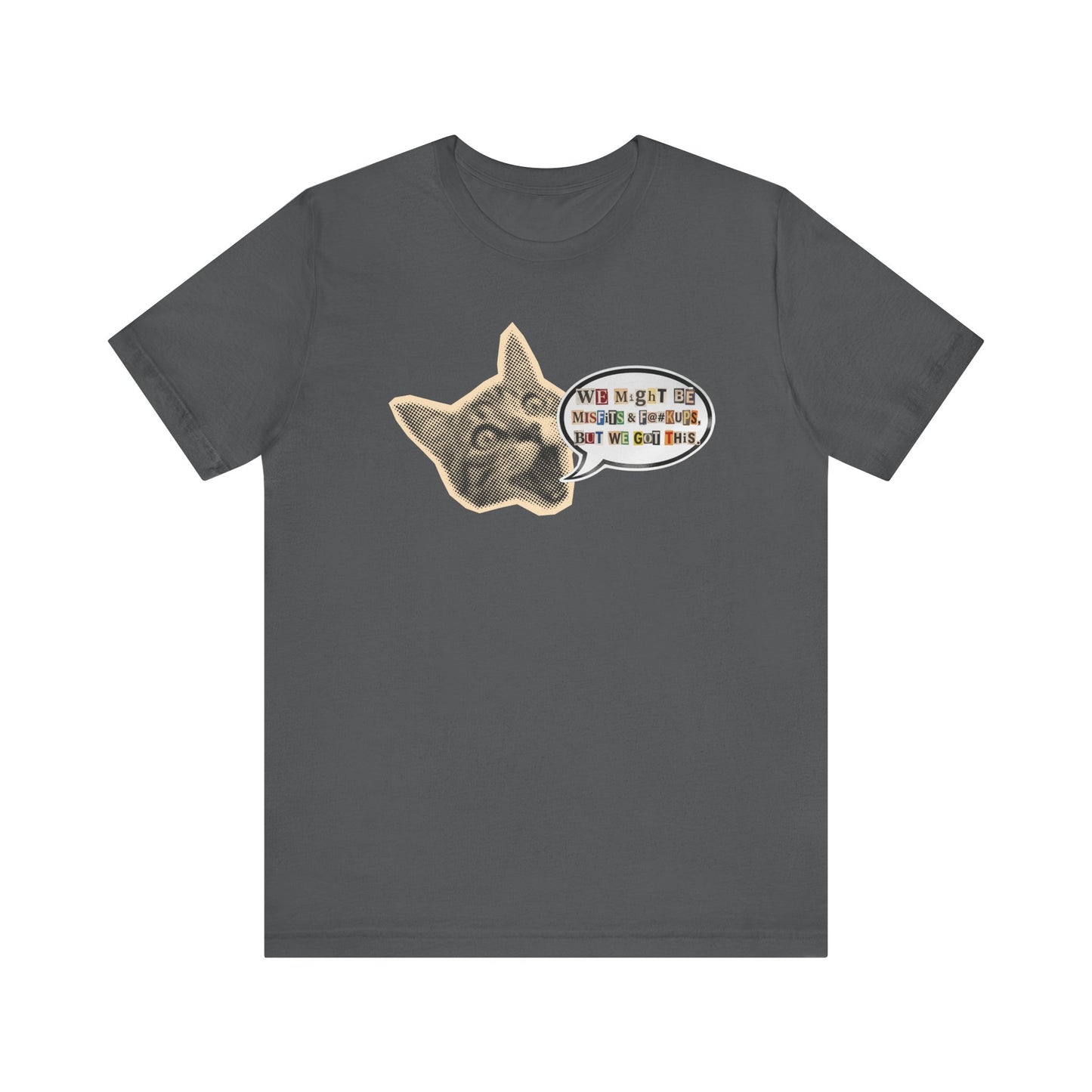 Cat Meme T‑Shirt — Vintage Cat Head Saying "We Might Be Misfits And F@#kups, But We Got This!""