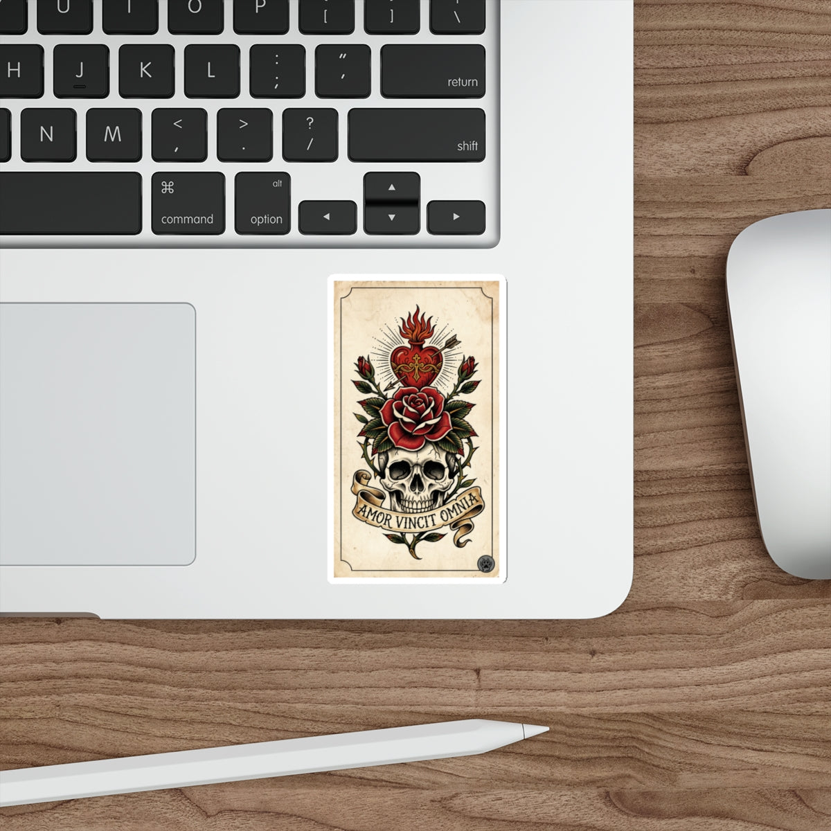 AVO-1 Sticker — Vintage 'Amor Vincit Omnia' Skull & Rose Die-Cut Tattoo Sticker
