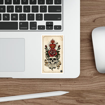 AVO-1 Sticker — Vintage 'Amor Vincit Omnia' Skull & Rose Die-Cut Tattoo Sticker