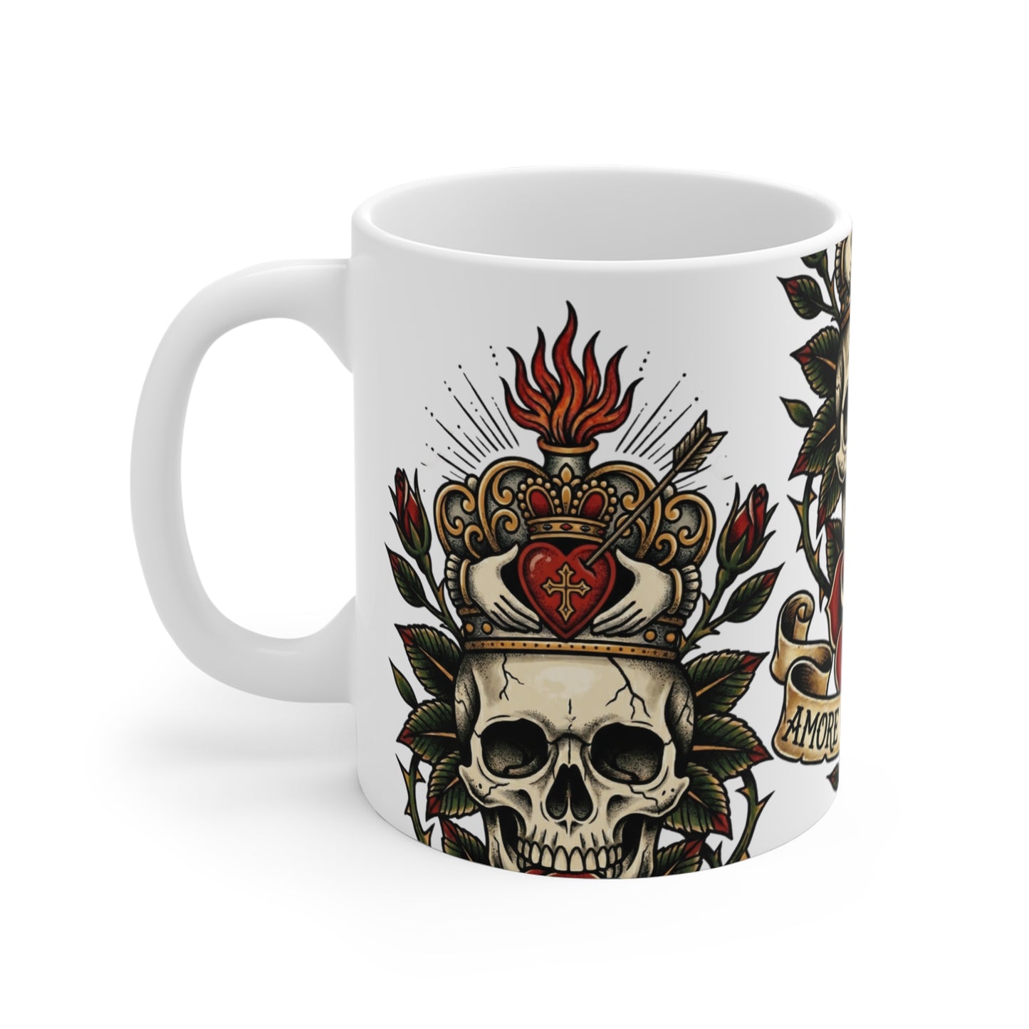 AVO - V2 #1 Claddagh Crown - 11oz Mug Ambi Handle - Skull & Rose Vintage Tattoo — "Amore Vincit Omnia" 11oz Ceramic Coffee Cup
