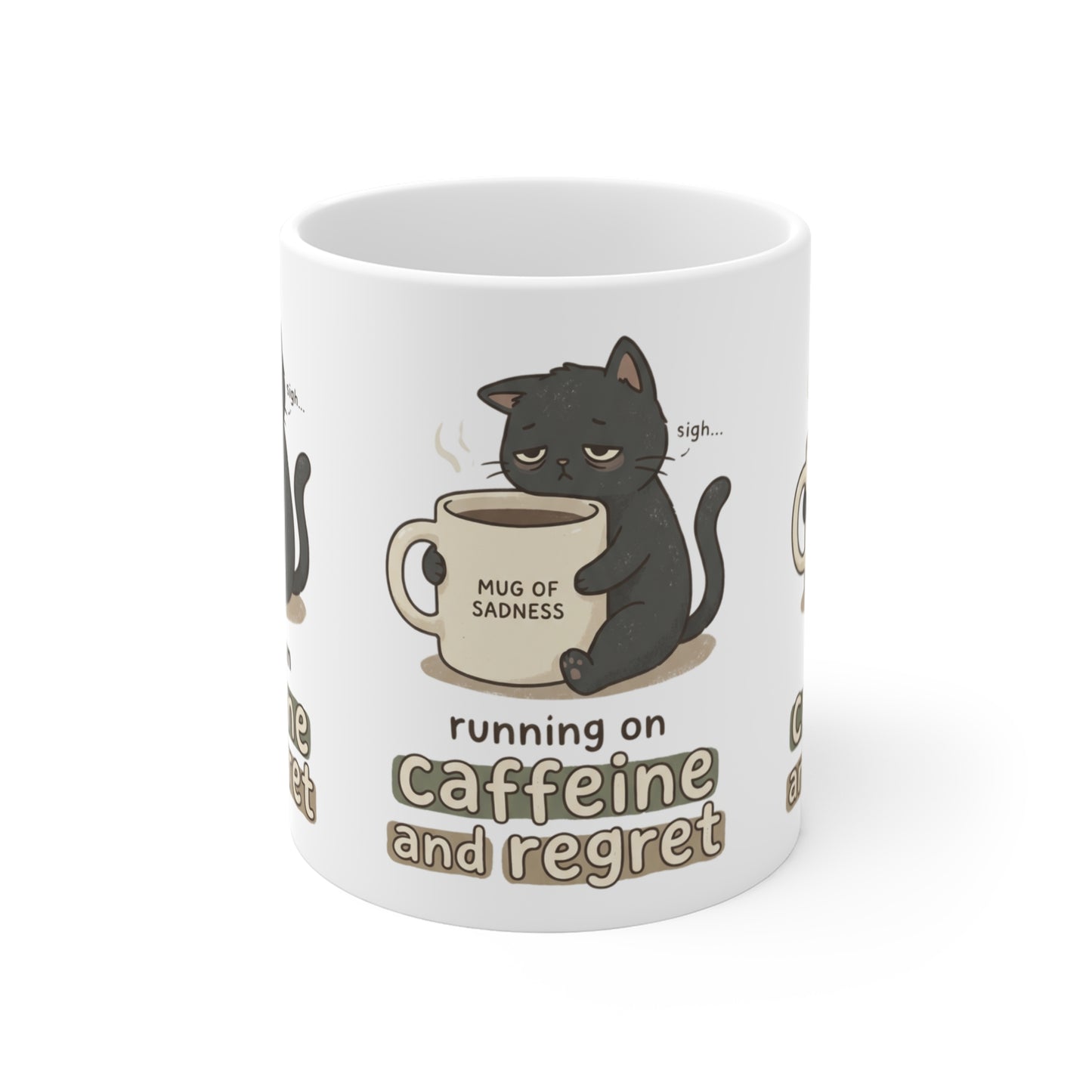 VOID - Running on Caffeine and Regret Mug — Cute Black Cat 'Mug of Sadness' 11oz Coffee Cup
