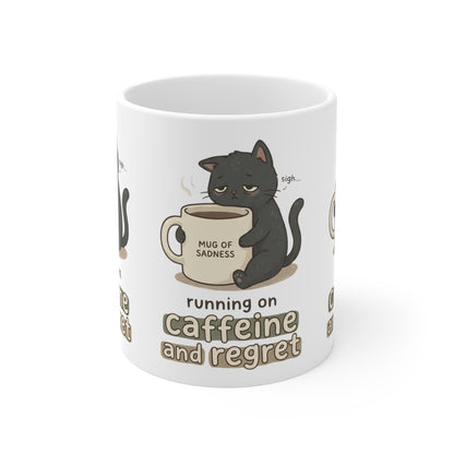 VOID - Running on Caffeine and Regret Mug — Cute Black Cat 'Mug of Sadness' 11oz Coffee Cup
